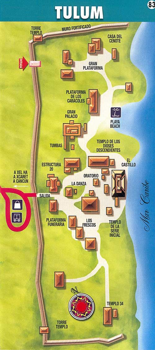 Map of the Tulum archaeological zone showing the walled precinct and main structures
